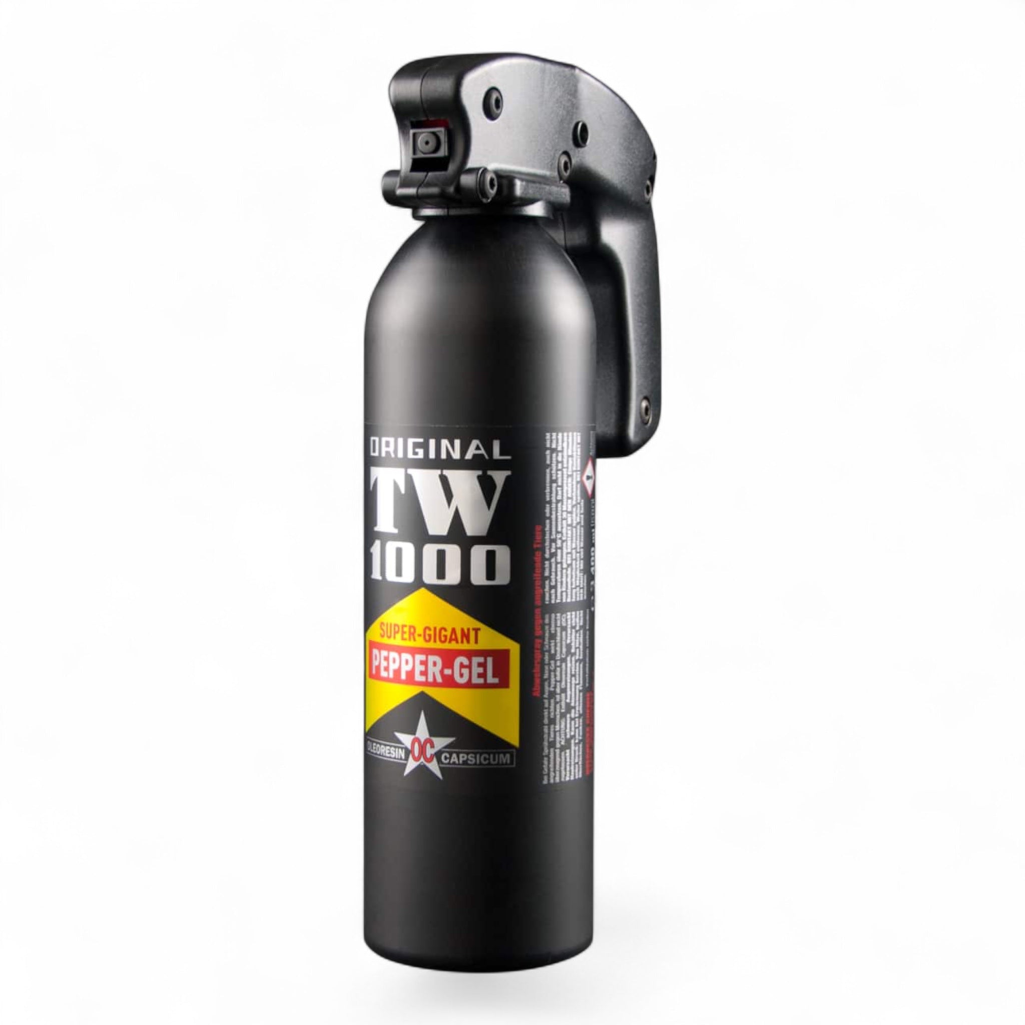 Schwarze Metall-Dose mit ergonomischem Abzug und silberner Bedienklappe, Aufdruck "TW1000 Pepper-Gel Super-Gigant" in Weiß.
