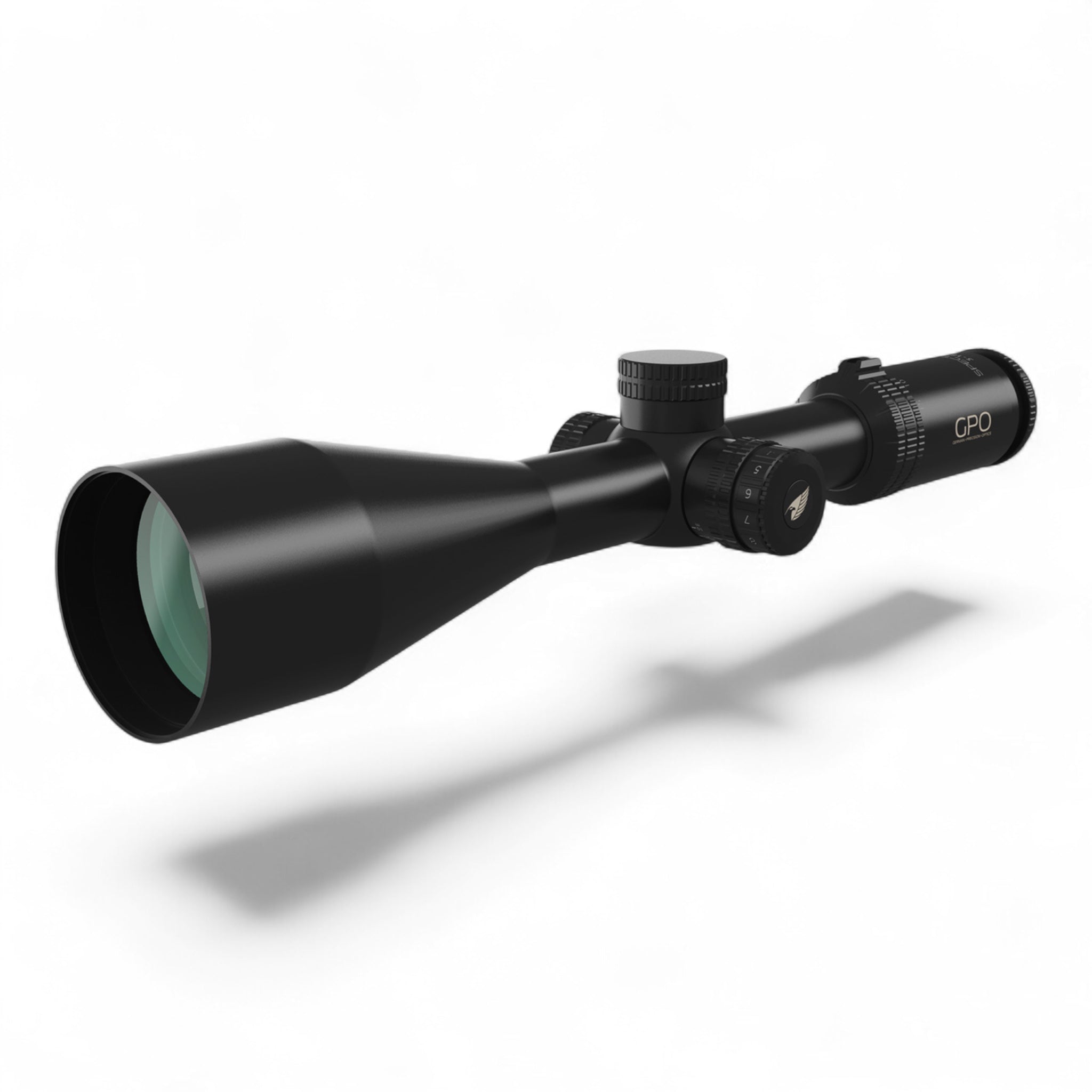 Schwarzes GPO Spectra Zielfernrohr mit großem 56-mm-Objektiv, 6-18x Vergrößerung und beleuchteten Verstellrädern, mattes.