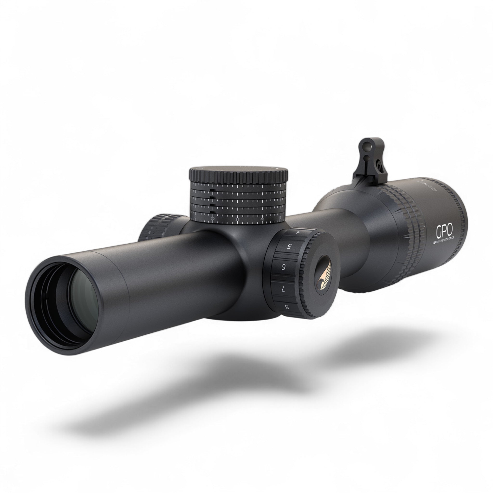 Mattschwarzes Zielfernrohr GPO Spectra 8x 1-8x24i mit justierbaren Türmen und beleuchtetem Absehen.