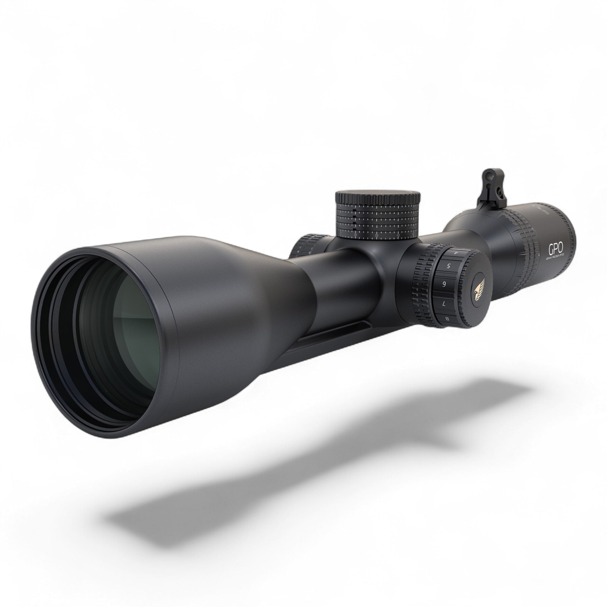 Schwarzes GPO Spectra Zielfernrohr 8x 2-16x50i mit beleuchtetem Visier und Montageschiene, seitliche Einstelltürme,.