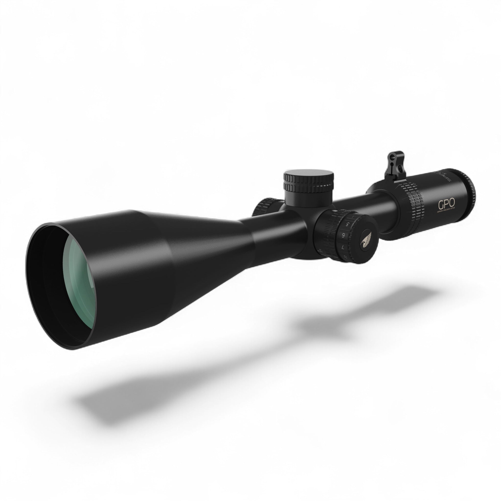 Schwarzes GPO Spectra 5x 3-15x56i Zielfernrohr mit großer Objektivlinse und beleuchteten Einstelltürmen für Jagdoptik.