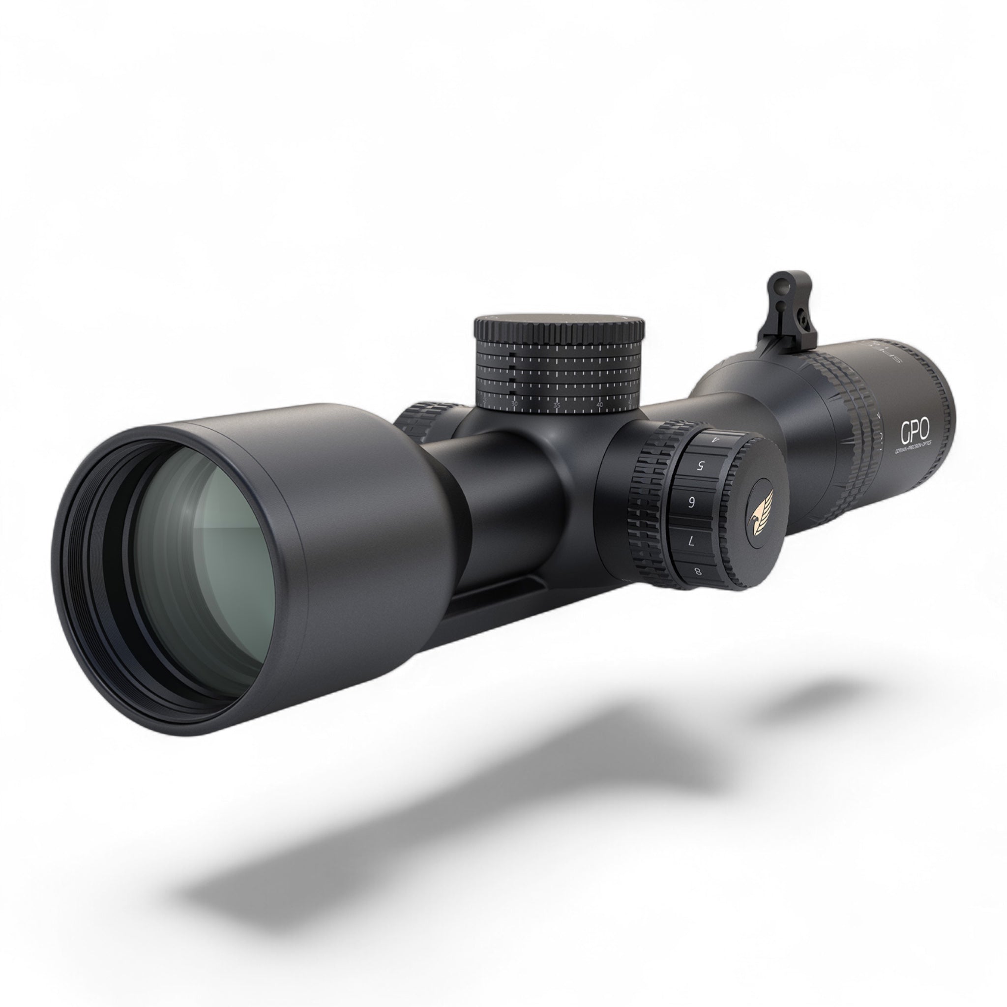 Schwarzes GPO Spectra Zielfernrohr mit 8x Vergrößerung, 1,6-13x44i Objektiv, beleuchtetes Absehen und Montageschiene,.
