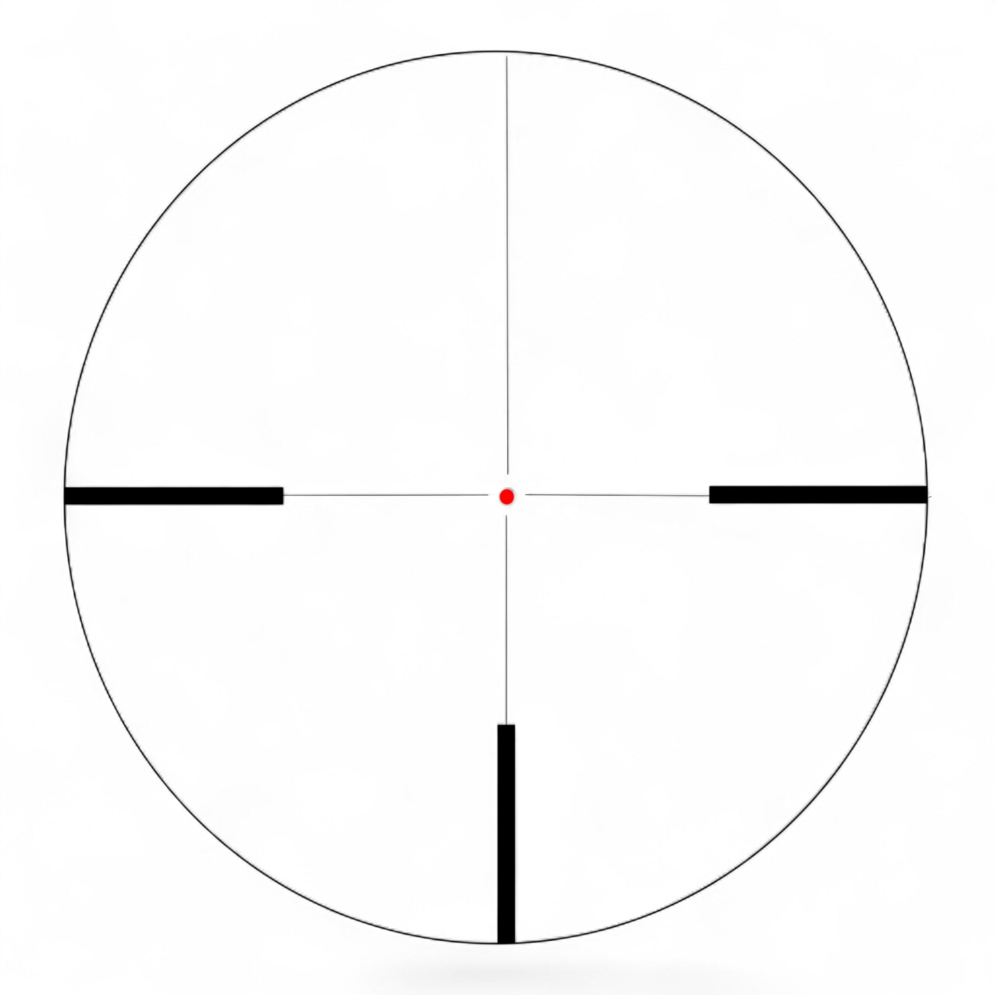 Zielfernrohr-Visier mit Fadenkreuz und rotem Leuchtpunkt in der Bildmitte, schwarze Balken bei 3, 6 und 9 Uhr auf weißem.