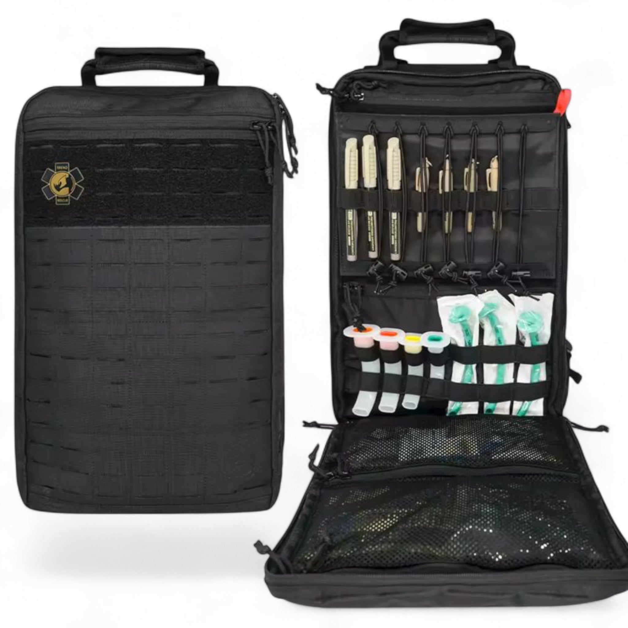 Schwarzer, rechteckiger RHINO RESCUE R20 Trauma Rucksack aus robustem Material mit MOLLE-System außen, Innenfächern zur.