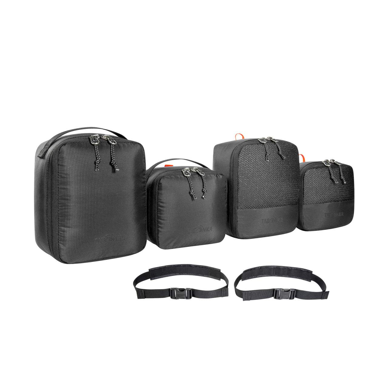 Vier schwarze modulare Taschen in verschiedenen Größen für Rucksack, rechteckig, mit Reißverschlüssen und gepolsterten.
