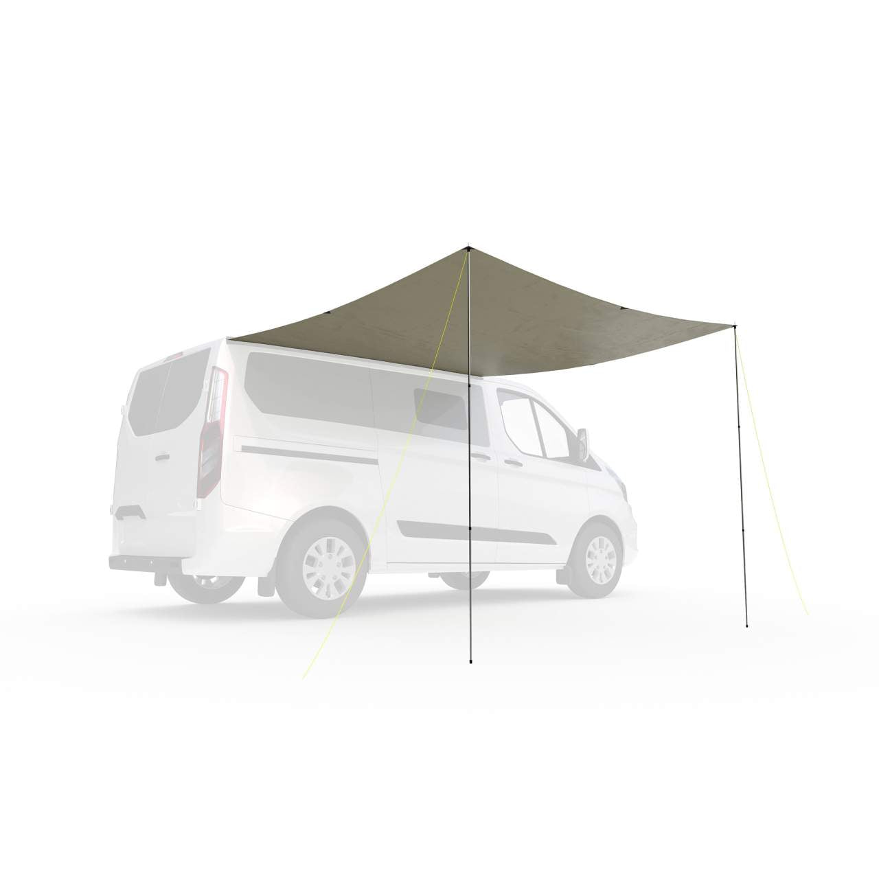 Olivgrünes rechteckiges Sonnensegel aus Baumwollmischgewebe, gespannt über weißen Campingbus, vier Spannseile sichtbar, zwei .