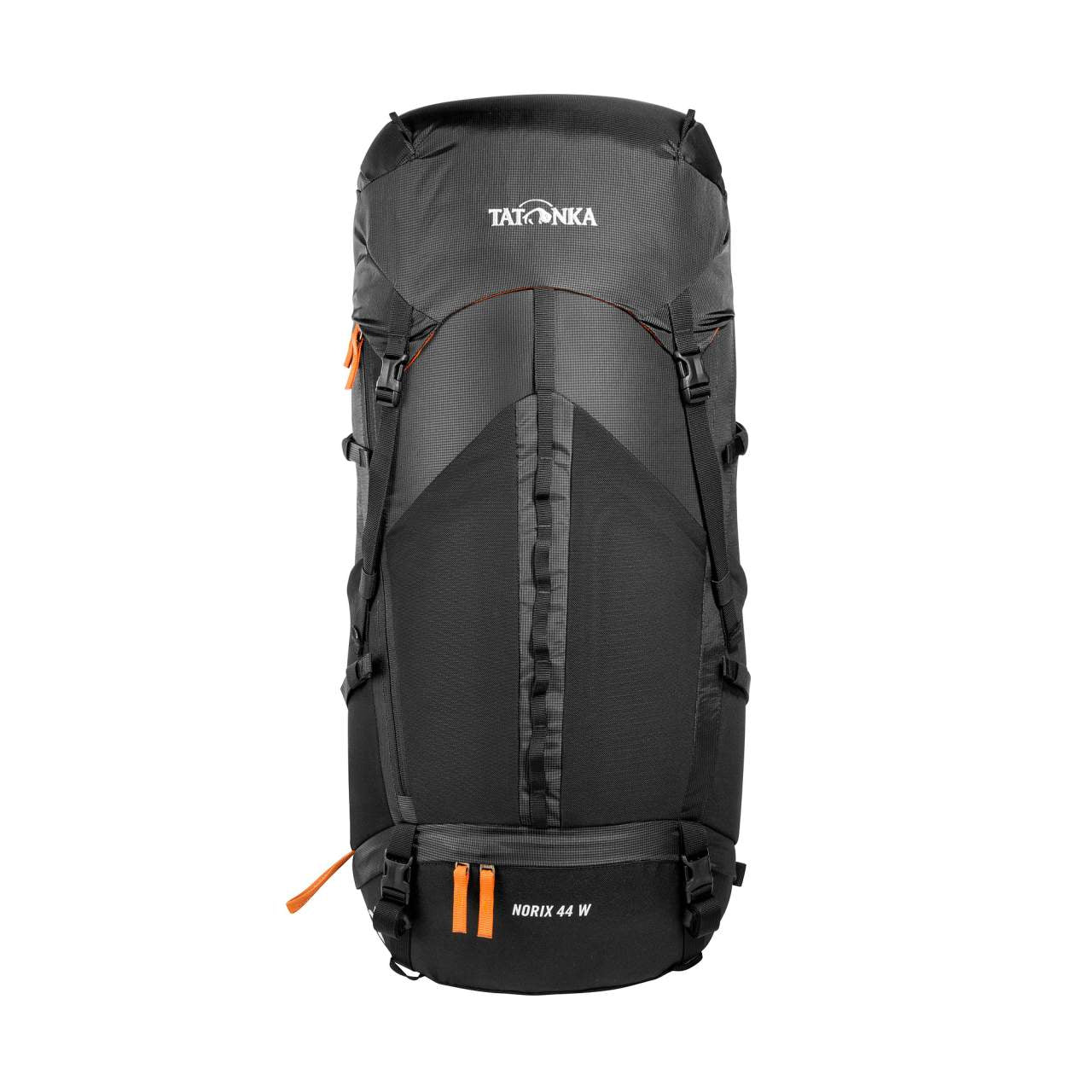 Schwarzer Tatonka Norix 44 Women Damen Tourenrucksack mit grauem Deckel, orangefarbenen Zippern und vertikaler.