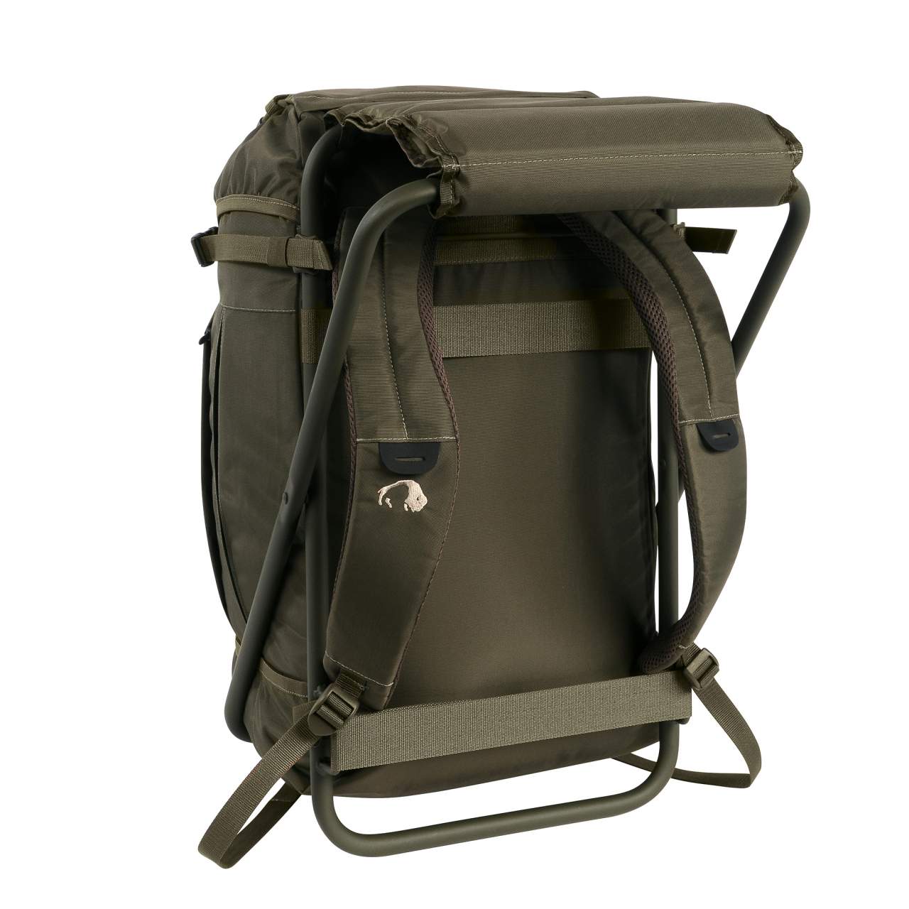 Olivegrüner Angelrucksack mit integriertem schwarzem Metallgestell, gepolsterte Rücken- und Schultergurte, klappbarer.