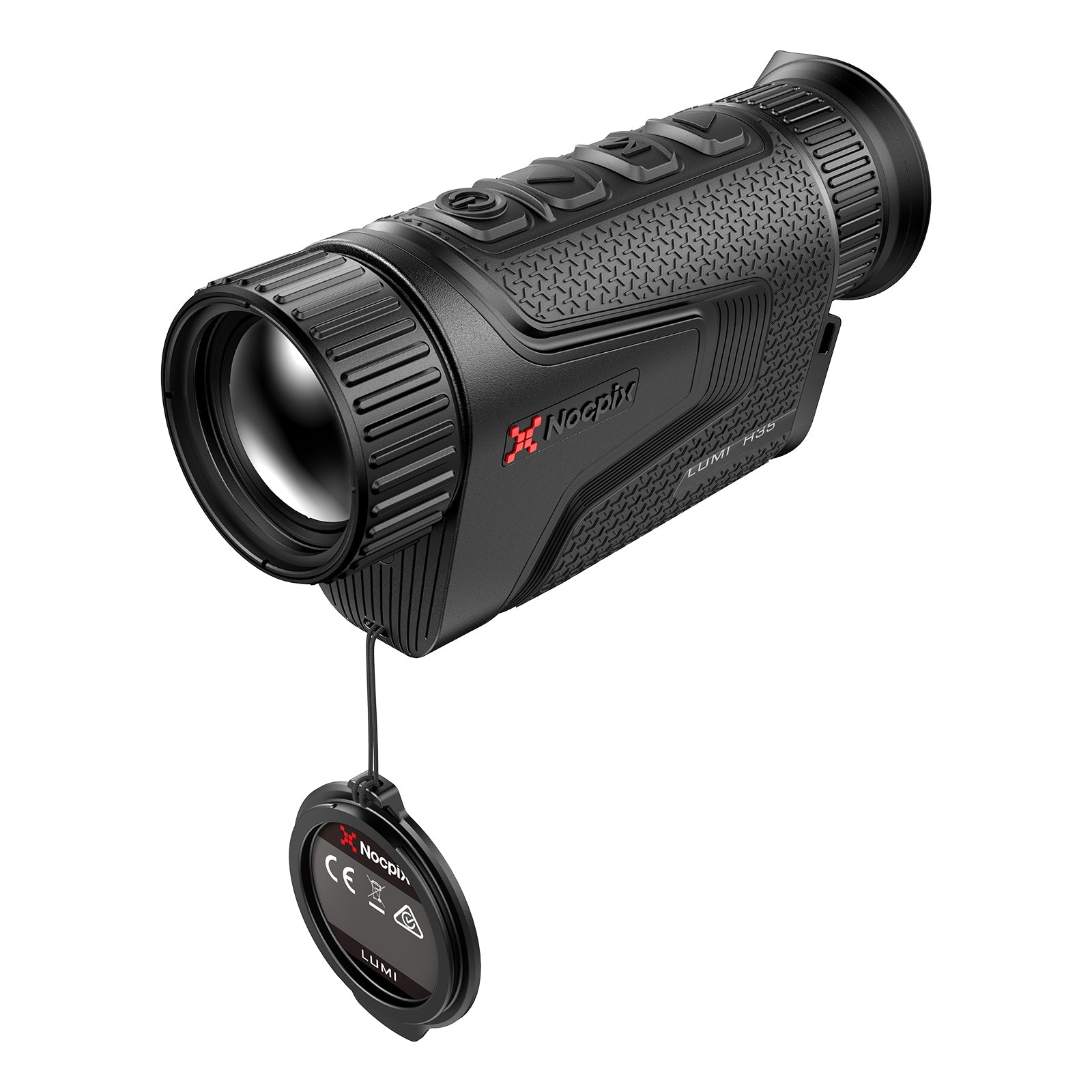 Schwarzes Nocpix Lumi H35 Wärmebild-Monokular mit geriffelten Tasten, geriffeltem Fokusring und abnehmbarem Objektivdeckel.