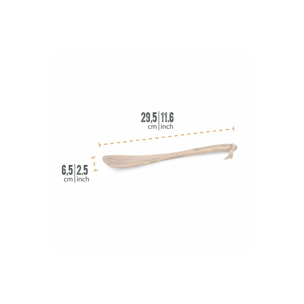 Pfannenwender aus leicht gebogenem, glattem Olivenholz mit natürlicher Maserung, 29,5 cm lang und 6,5 cm breit.