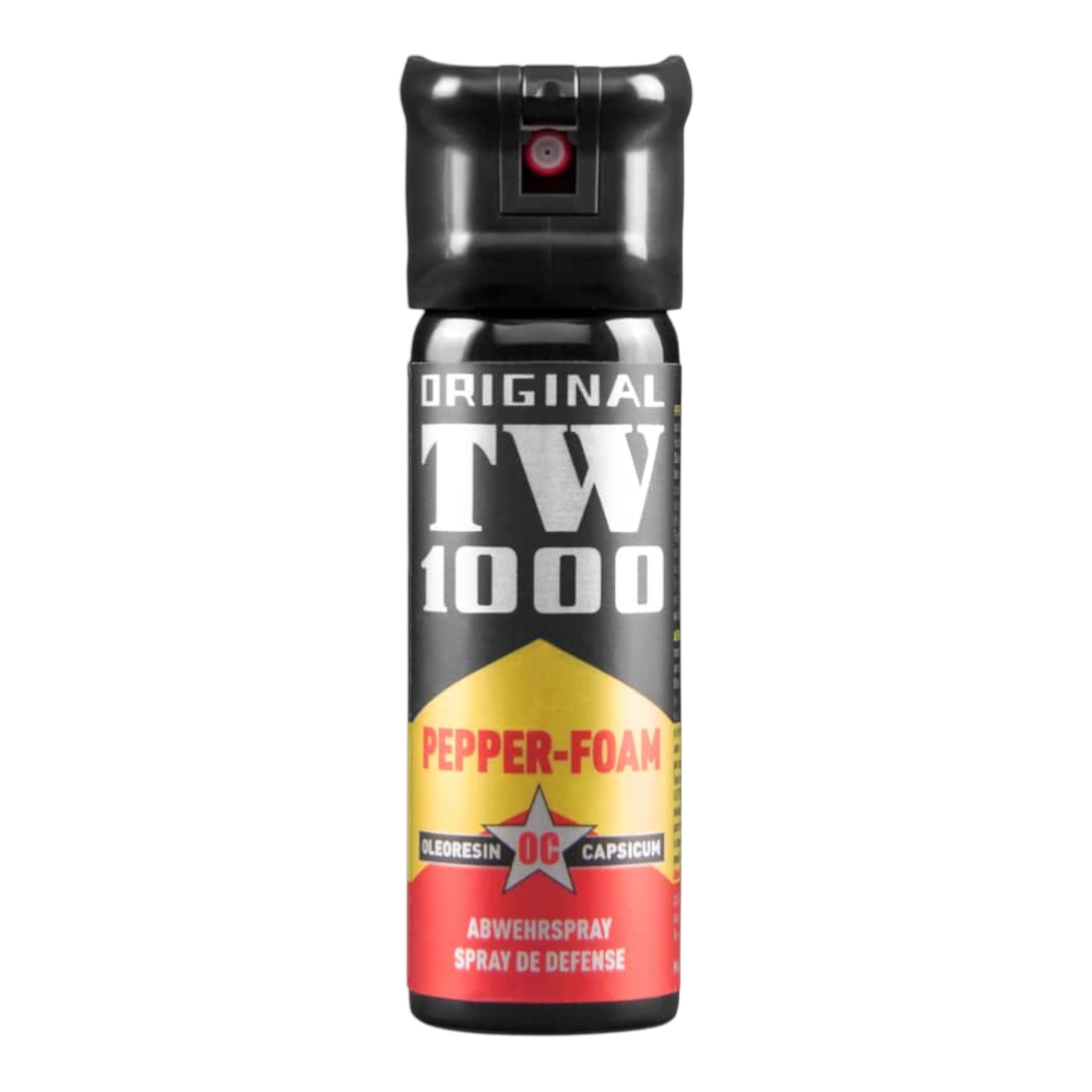 Schwarze Sprühdose mit rotem Druckknopf, silbernem Schriftzug "TW 1000" und gelbem Etikett "Pepper-Foam" mit roten Akzenten.