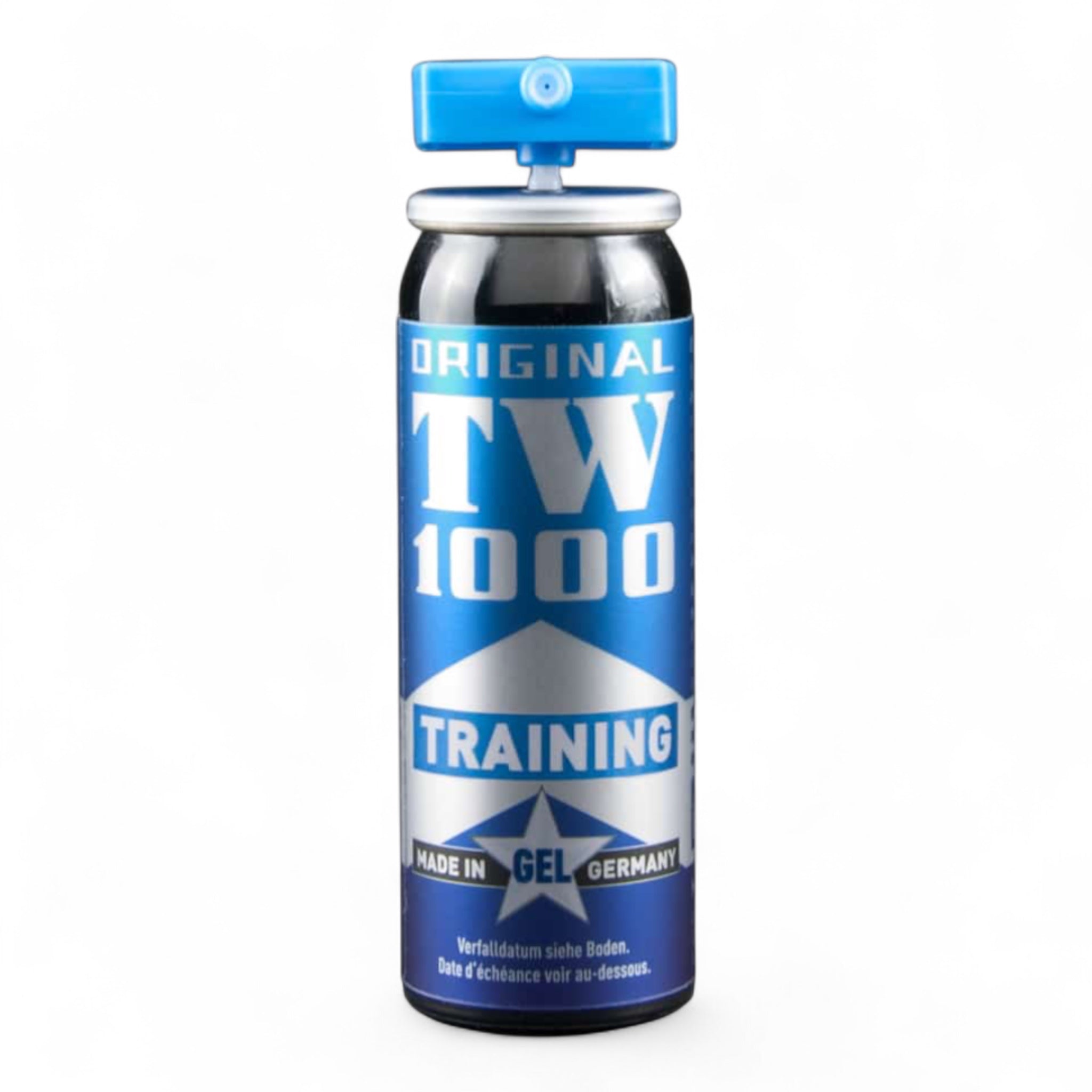 Metallflasche mit blauer Beschriftung "TW 1000 Training" und blauem Sprühkopf, Trainingsspray ohne Reizstoff.
