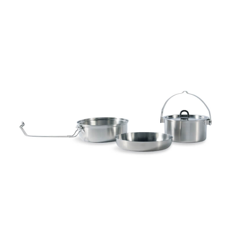 Camp-Set aus gebürstetem Edelstahl mit Topf, Pfanne und Kasserolle, praktische Griffe und klappbarer Bügelgriff am Deckel,.