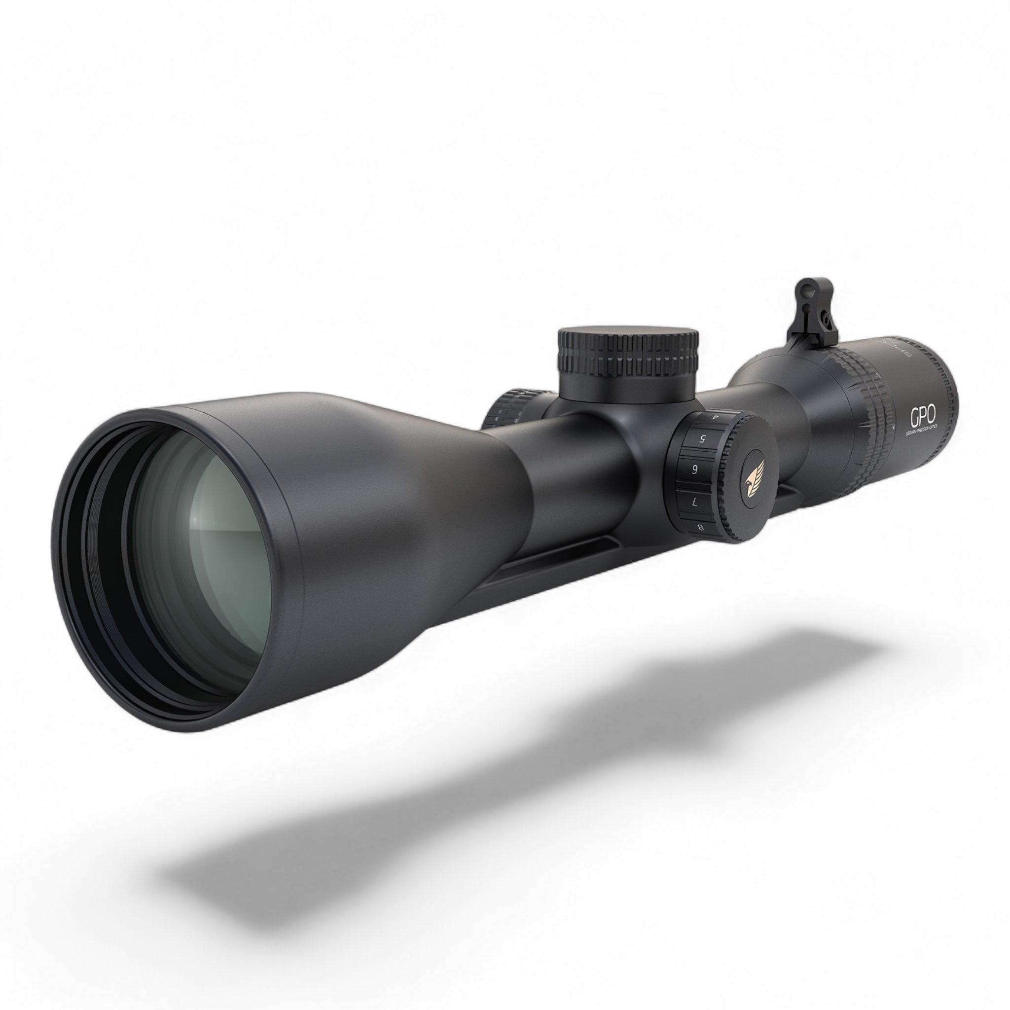 Schwarzes GPO Spectra 6x 2-12x50i Zielfernrohr mit großem Objektiv, Einstelltürmen und Montageschiene, seitliche.