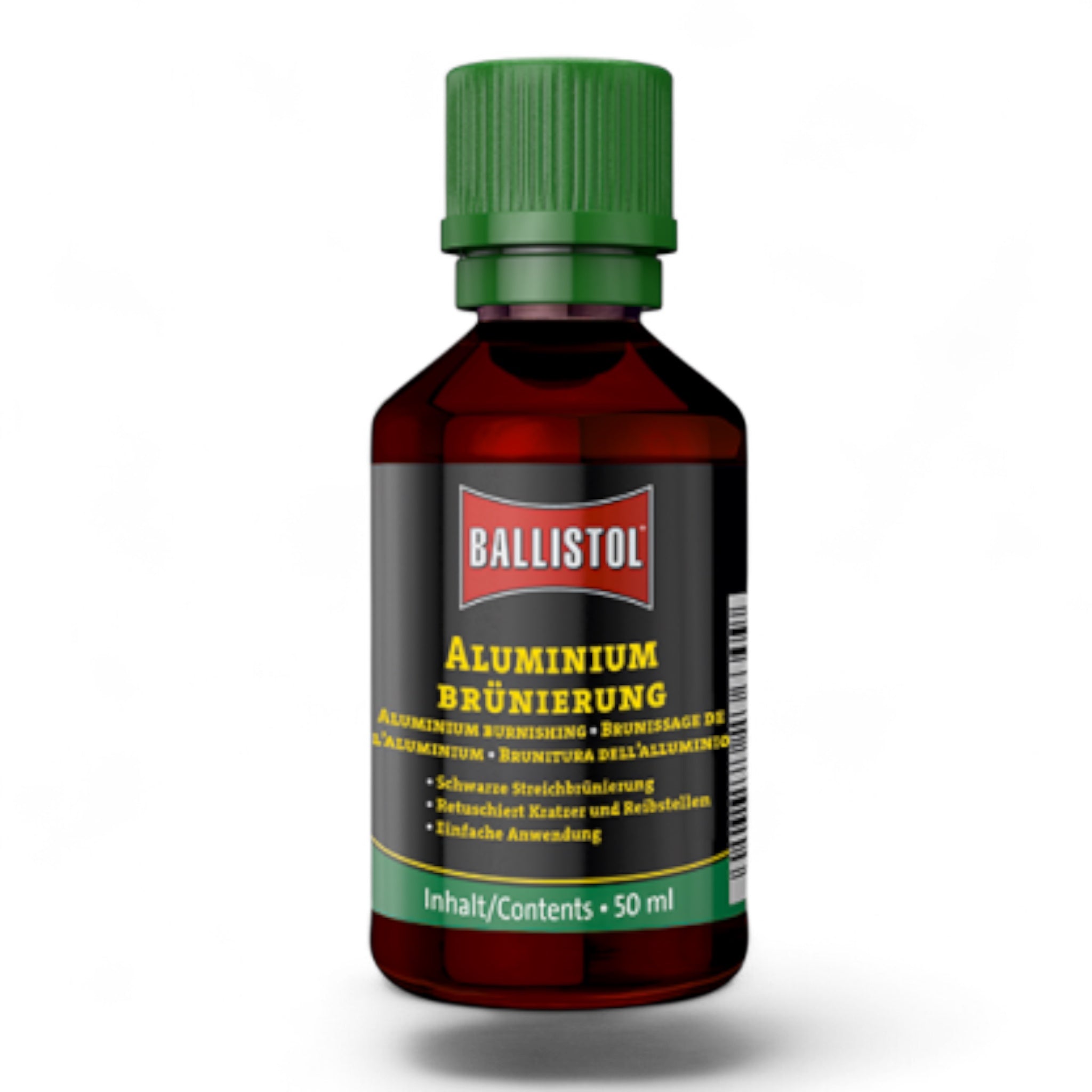 Braune Kunststoffflasche mit grünem Schraubverschluss und Etikett in Rot, Gelb und Grau, Ballistol Aluminium-Brünierung 50 ml.