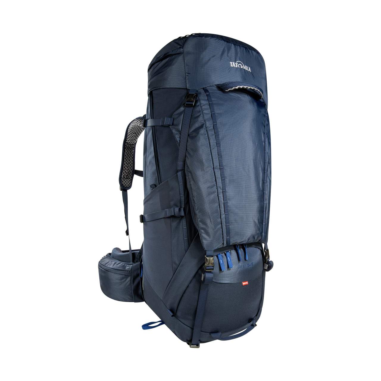 Dunkelblauer Tatonka Yukon X1 75+10 Trekkingrucksack mit ergonomischem X1-Tragesystem und mehreren Kompressionsriemen,.