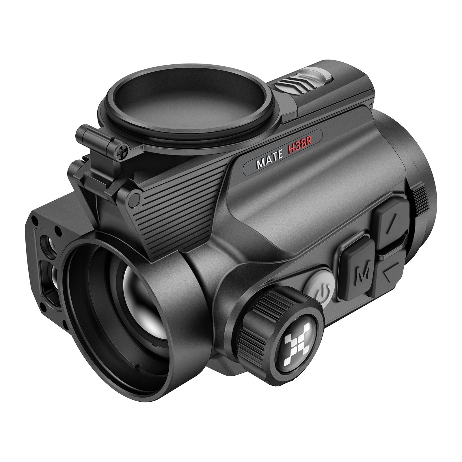 Schwarzes Nocpix Mate H38R LRF Vorsatzgerät mit rundem Objektiv, mehreren Bedienknöpfen und USB-Ladeanschluss, matt.