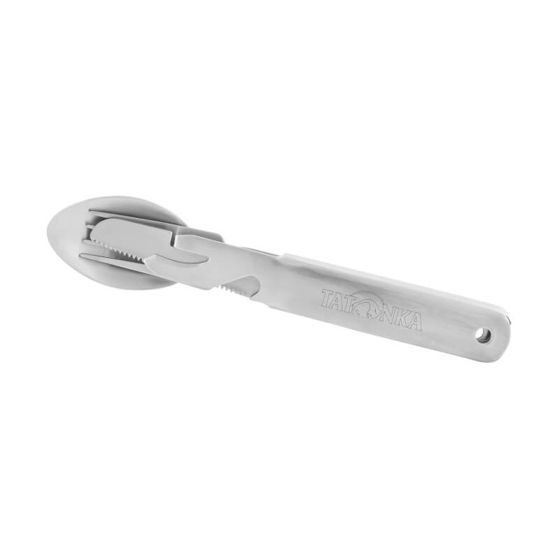 Silbernes Campingbesteck aus Metall mit Messer, Gabel und Löffel in einem kompakten, zusammenklappbaren Design.