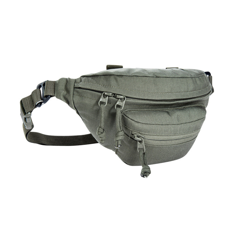 Graue Tasmanian Tiger Modular Hip Bag aus robustem Cordura mit vier Reißverschlussfächern und verstellbarem Hüftgurt.