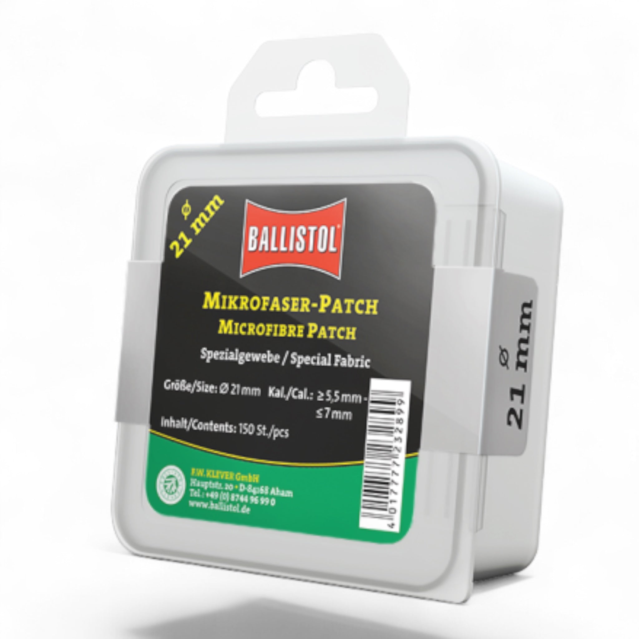 Rundes Ballistol Mikrofaser-Patch in grauer Kunststoffbox, Ø 21 mm, schwarze und gelbe Etikette mit Produktinformationen.
