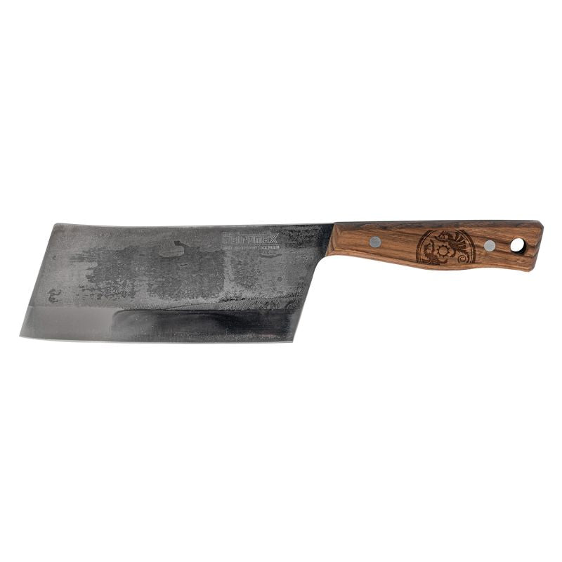 Hackmesser mit 17 cm Klinge aus dunklem Stahl und Holzgriff mit eingraviertem Petromax-Logo und zwei Schrauben.