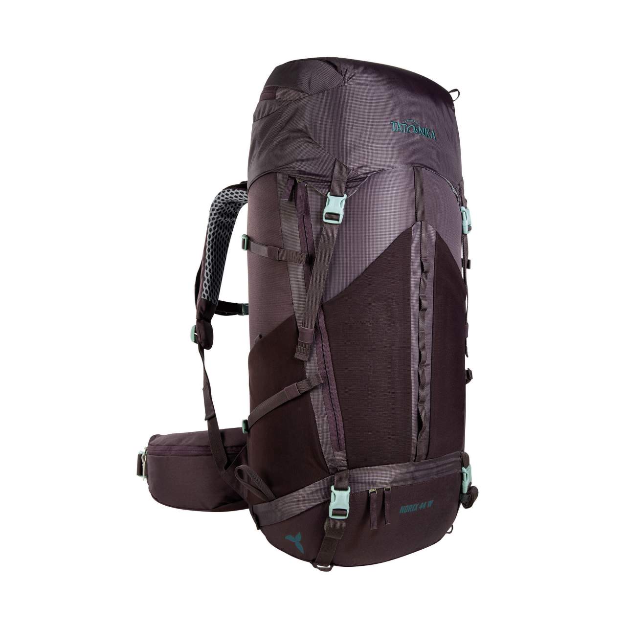 Damen-Tourenrucksack in dunklem Lila mit hellgrünen Akzenten, seitlichen Kompressionsriemen, gepolstertem Hüftgurt und.