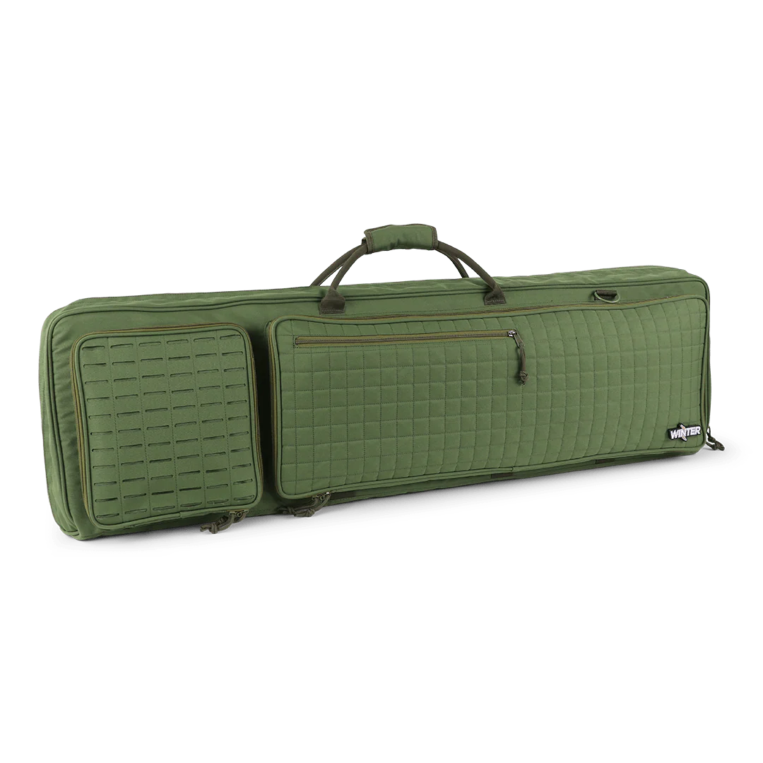 Grüner taktischer Gewehrtragetasche aus robustem Nylon mit MOLLE-Schlaufen, zwei Außenfächern, 110 cm Länge und gepolstertem