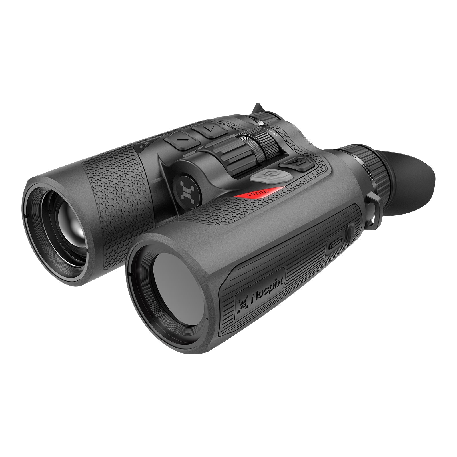 Schwarzes Nocpix Quest H35R LRF Wärmebildfernglas mit strukturiertem Griff, integrierter Reichweitenmessung und markantem.