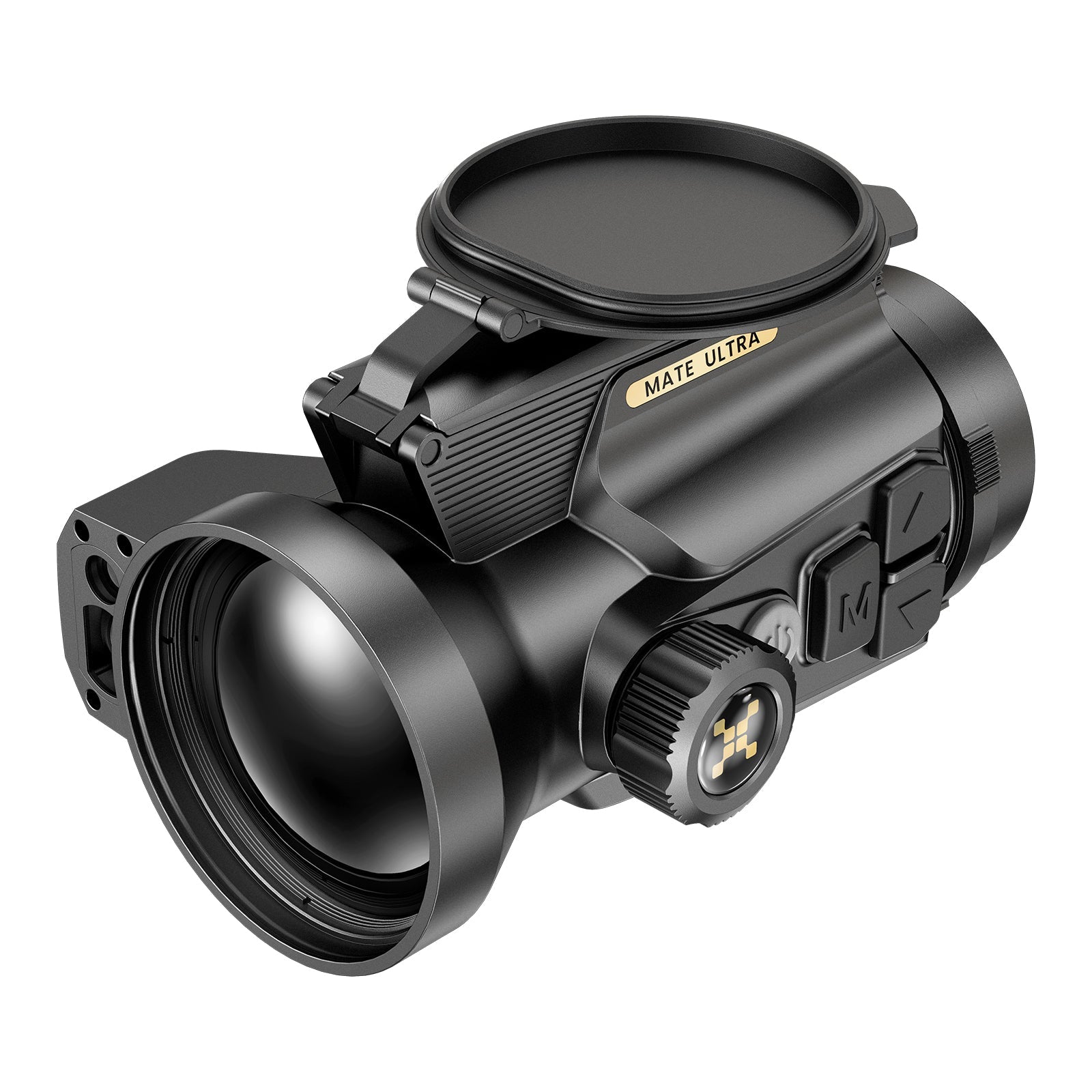 Schwarzes Nocpix Mate Ultra S60R LRF Vorsatzgerät mit klappbarem Objektivschutz, rutschfestem Fokus-Einstellrad und.
