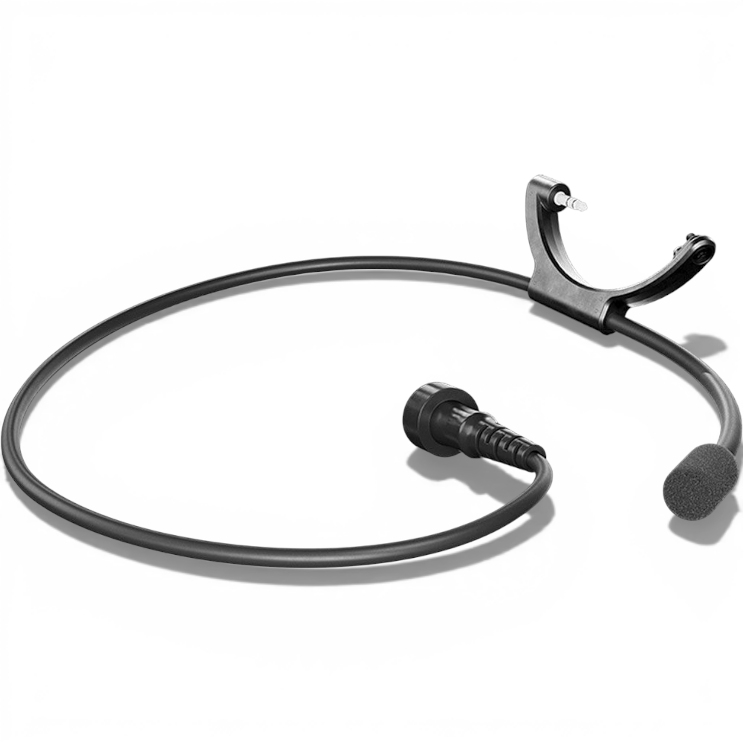 Schwarzes, dünnes Kommunikations-Kit mit Mikrofon und flexiblem Kabel, kleines Steuerelement und Clips zum Befestigen.