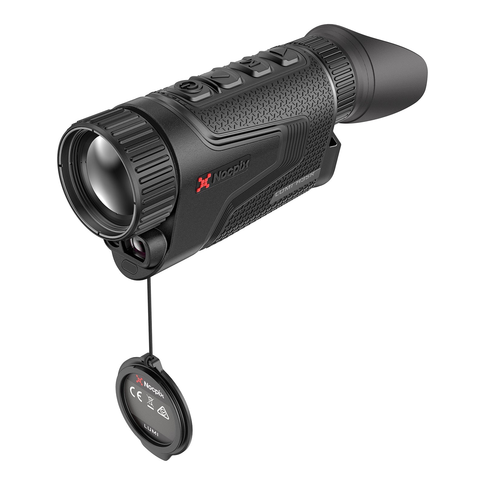 Schwarzes Nocpix Lumi H35R LRF Wärmebild-Monokular mit geriffeltem Griff, drei Tasten oben und abnehmbarem Objektivschutz am .