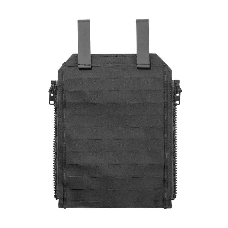 Schwarzes Tasmanian Tiger Molle Panel aus robustem Material mit horizontalen Molle-Schlaufen und zwei oberen.