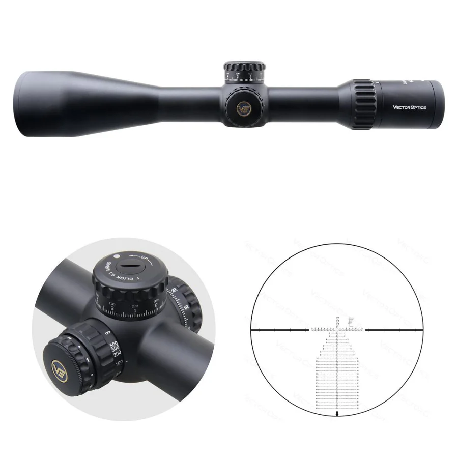 Schwarzes Zielfernrohr mit 34mm Tube, beleuchteten Einstelltürmen und feiner Absehen-Darstellung im Fadenkreuz mit 5-30x.