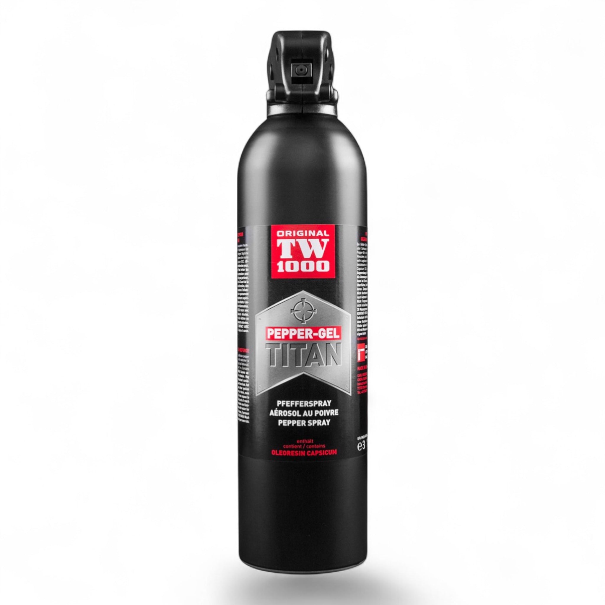 Schwarze Metallflasche TW1000 Pepper-Gel Titan mit rotem und weißem Etikett und schwarz klappbarem Sprühkopf.