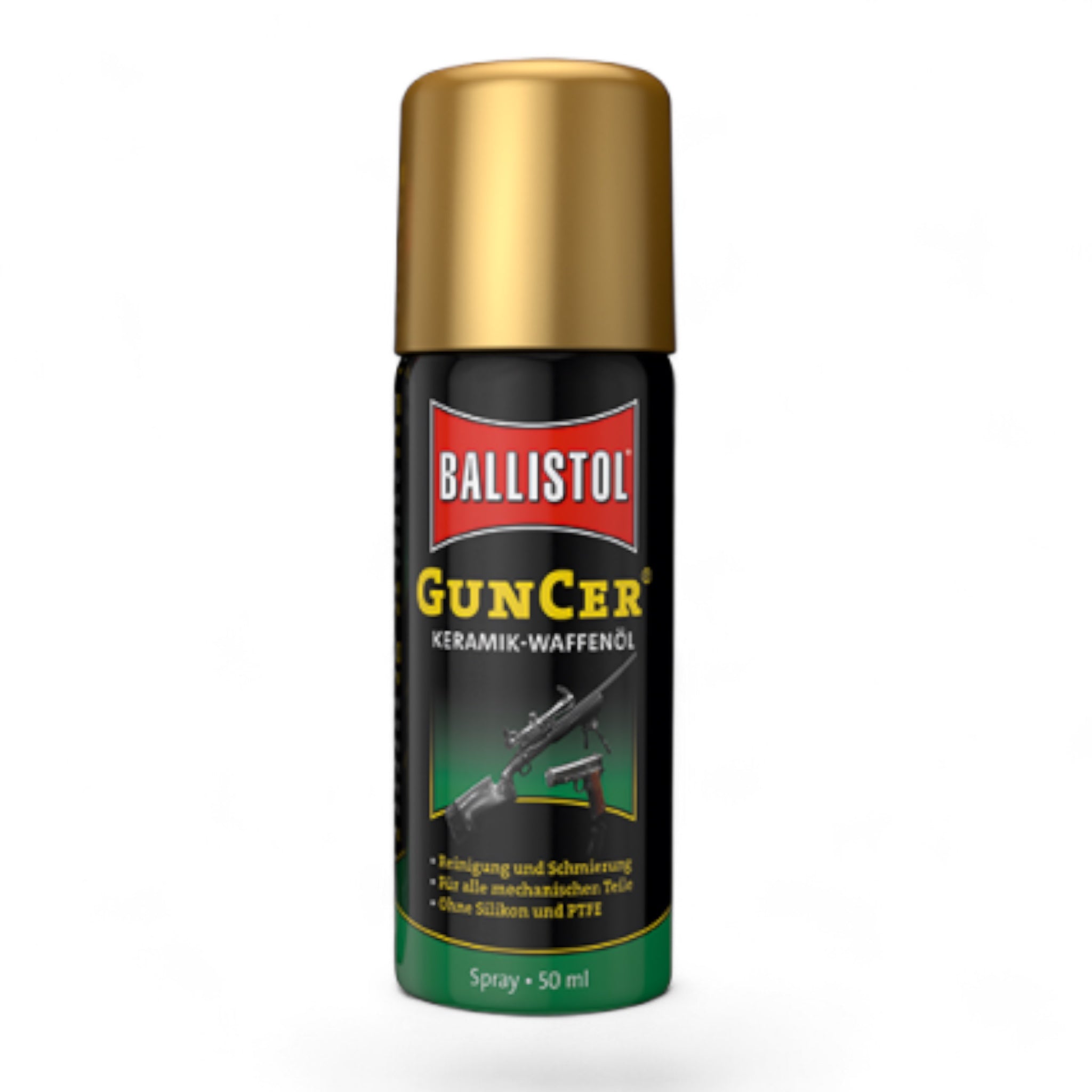 Sprühflasche Ballistol GunCer Keramik-Waffenöl 50 ml mit schwarz-goldenem Design und rotem Logo.