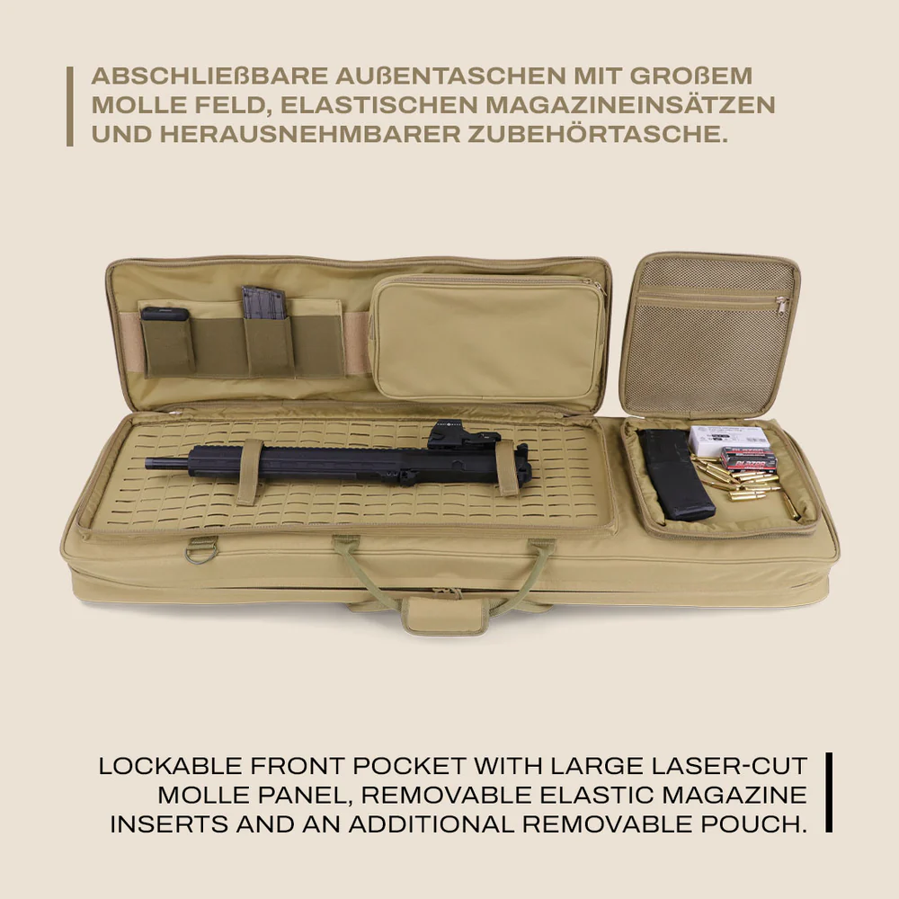 Beiges taktisches Gewehrfutteral 110 cm mit verschließbaren Außentaschen, großzügigem MOLLE-Panel, elastischen.