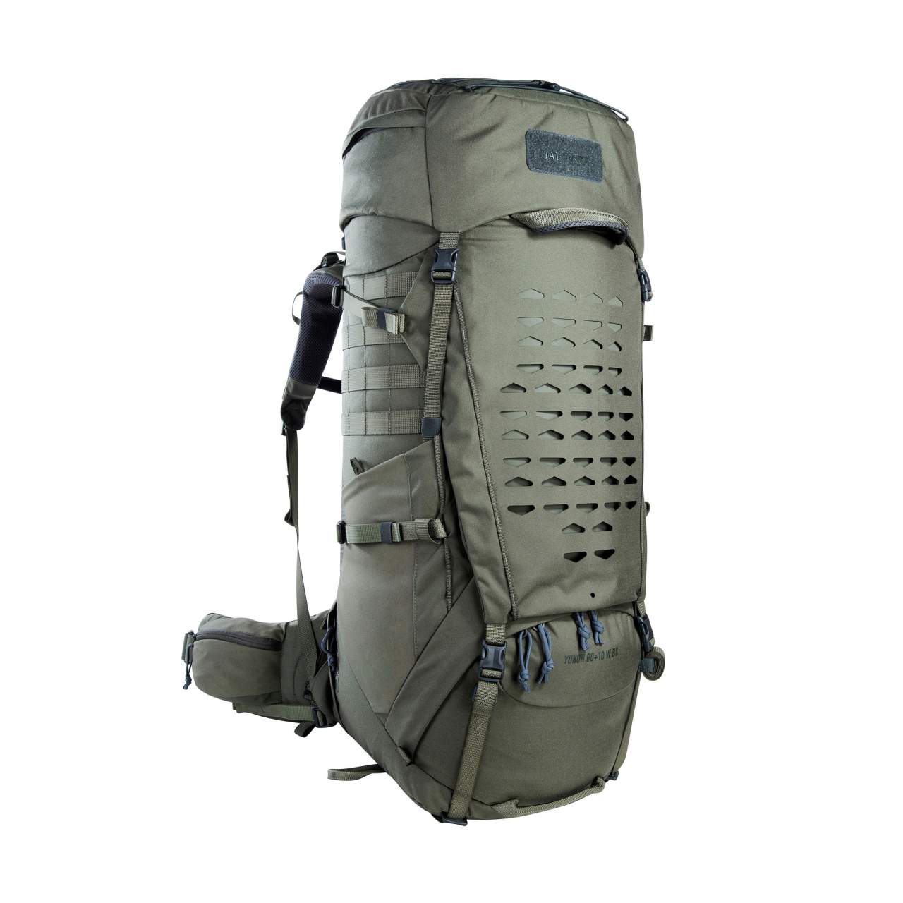 Großer dunkelgrüner Tatonka Yukon 60+10 Women BC Trekkingrucksack mit MOLLE-Frontpanel, Hüftgurt und gepolsterten.