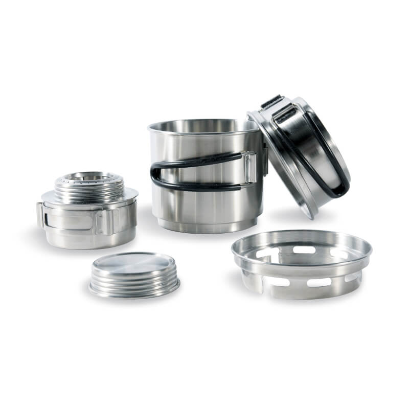 Tatonka Alkoholverbrenner-Set aus glänzendem Edelstahl, bestehend aus Brenner, Deckel, Windschutz und klappbarem Becher mit.