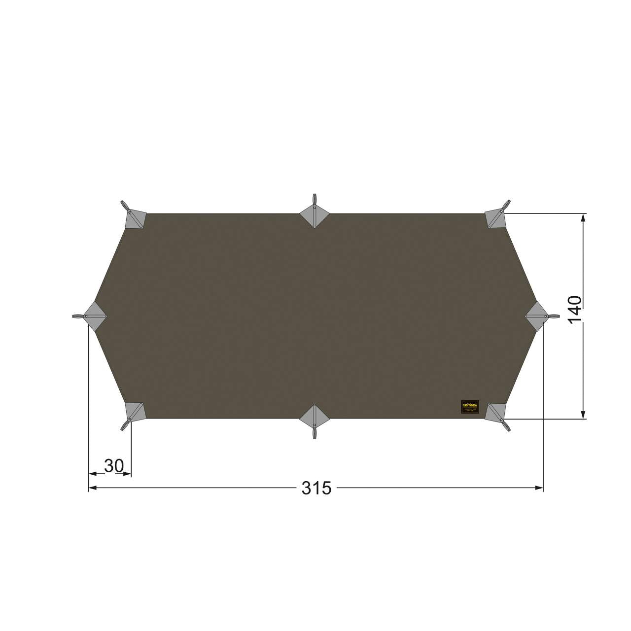 Olivesgrünes, sechseckiges Tatonka Tarp Wing LT mit sechs Aufhängeschlaufen, Maße 315 x 140 cm, markantes 30 cm breites.