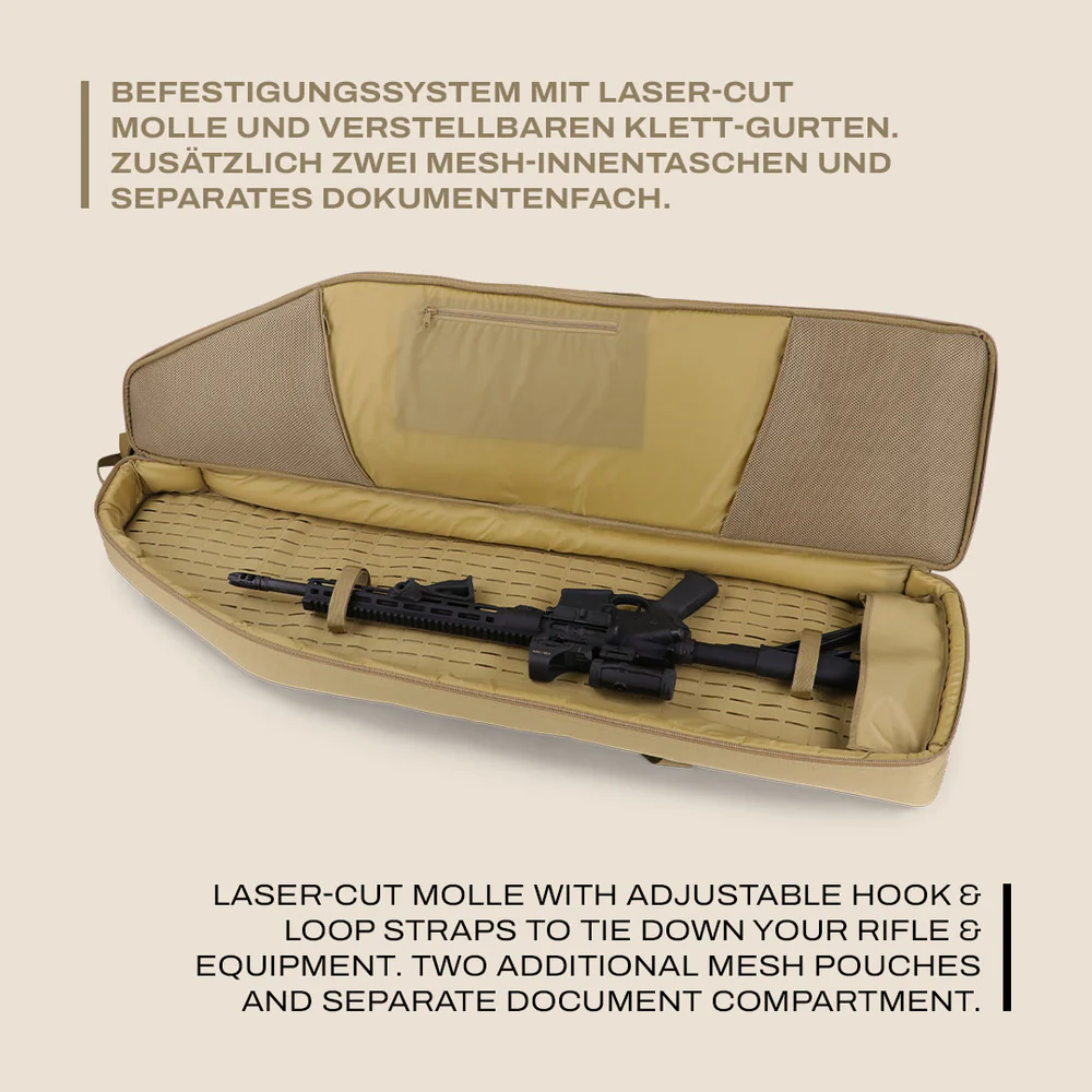 Beiger, länglicher Gewehrfutteral mit Laser-Cut-Molle, verstellbaren Klettgurten, zwei Mesh-Innentaschen, separatem.