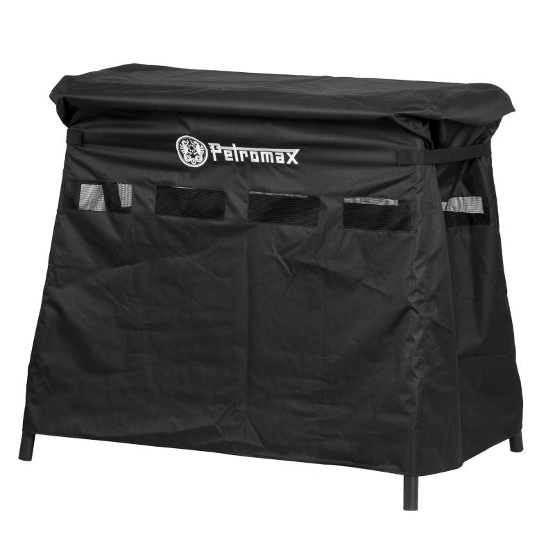 Schwarze Petromax Abdeckhaube aus robustem Nylon mit weißem Logo, passend für Feuertopf Tische, mit Belüftungsöffnungen und.
