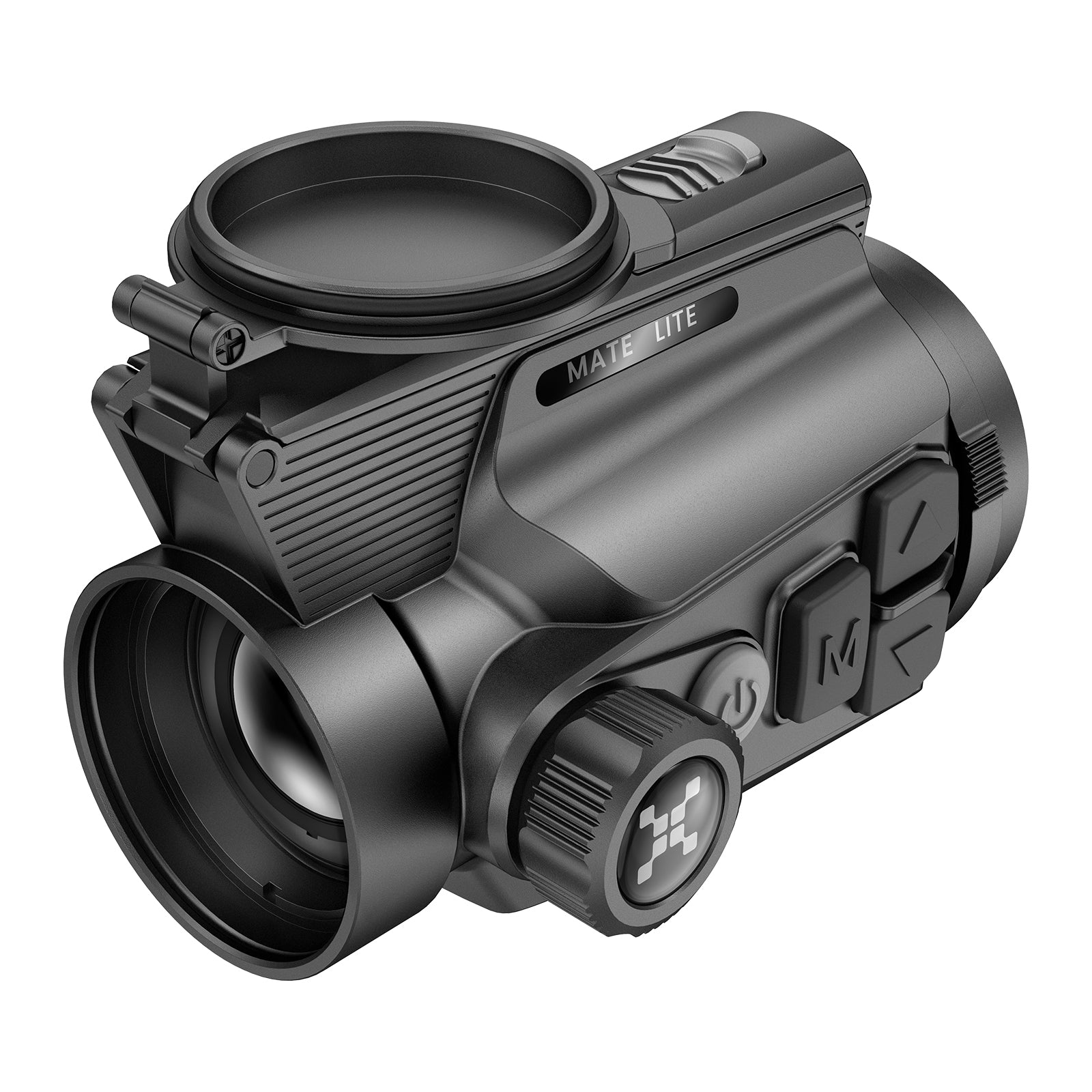 Schwarzes Nocpix Mate Lite Vorsatzgerät mit geriffeltem Zoomrad, mehreren Bedienknöpfen und klarem Objektiv vorne, kompakte.