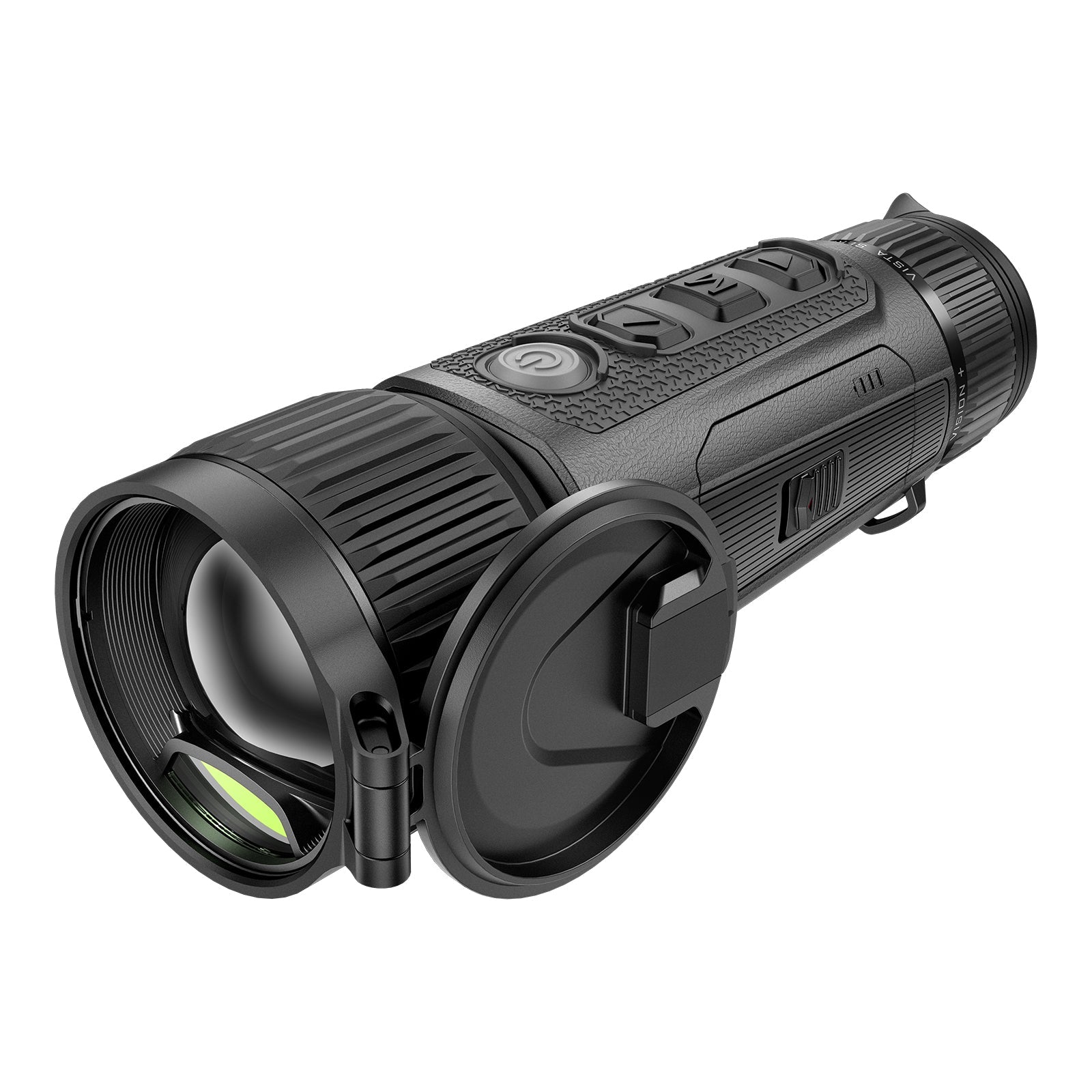 Schwarzes Nocpix Vista S50R LRF Wärmebild-Monokular mit klappbarem Linsenschutz und mehreren Bedienknöpfen auf der.