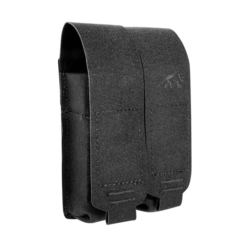 Schwarze Tasmanian Tiger DBL Pistol Mag Pouch MKIII aus robustem Cordura mit klarem Markenlogo links oben, zwei Fächern,.