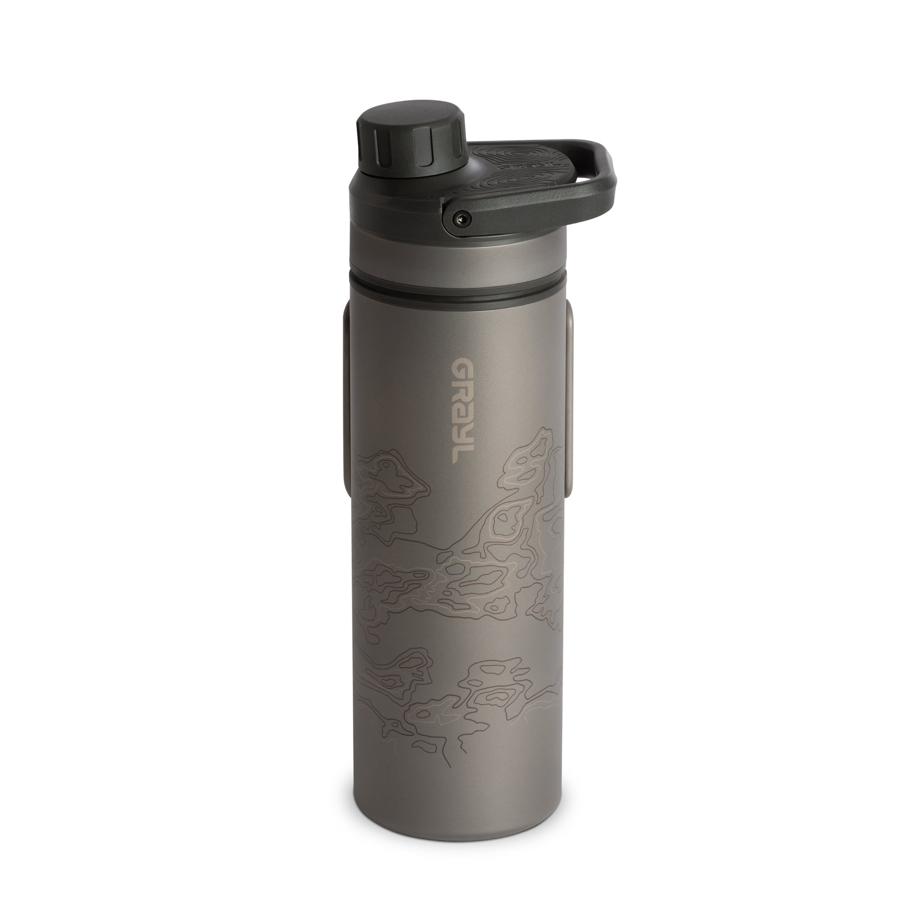 Titanfarbene Grayl UltraPress Filterflasche mit schwarzem Schraubverschluss und tragefähigem Henkel, mattierte Oberfläche.