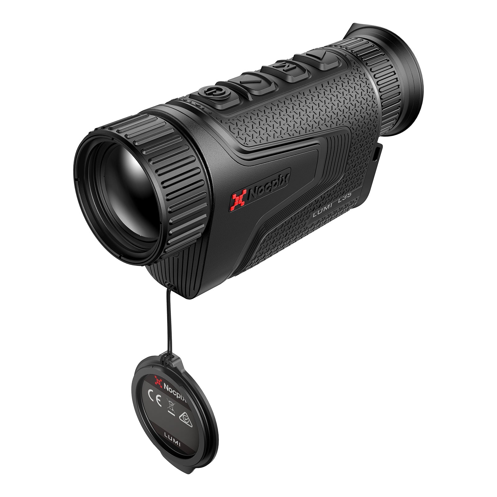 Schwarzes Nocpix Lumi L35 Wärmebildmonokular mit strukturiertem Griff, Bedientasten oben und abnehmbarem Objektivschutz am.