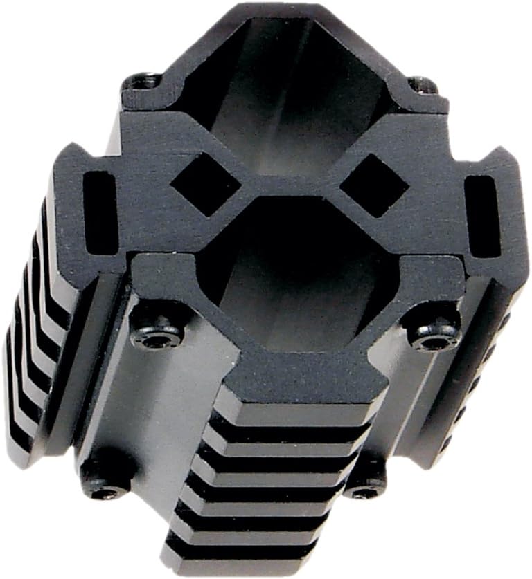 Schwarze UTG Universal Tri-Rail Laufmontage aus Aluminium mit fünf Schienen und Klemmverschraubung, kompakte Bauform.