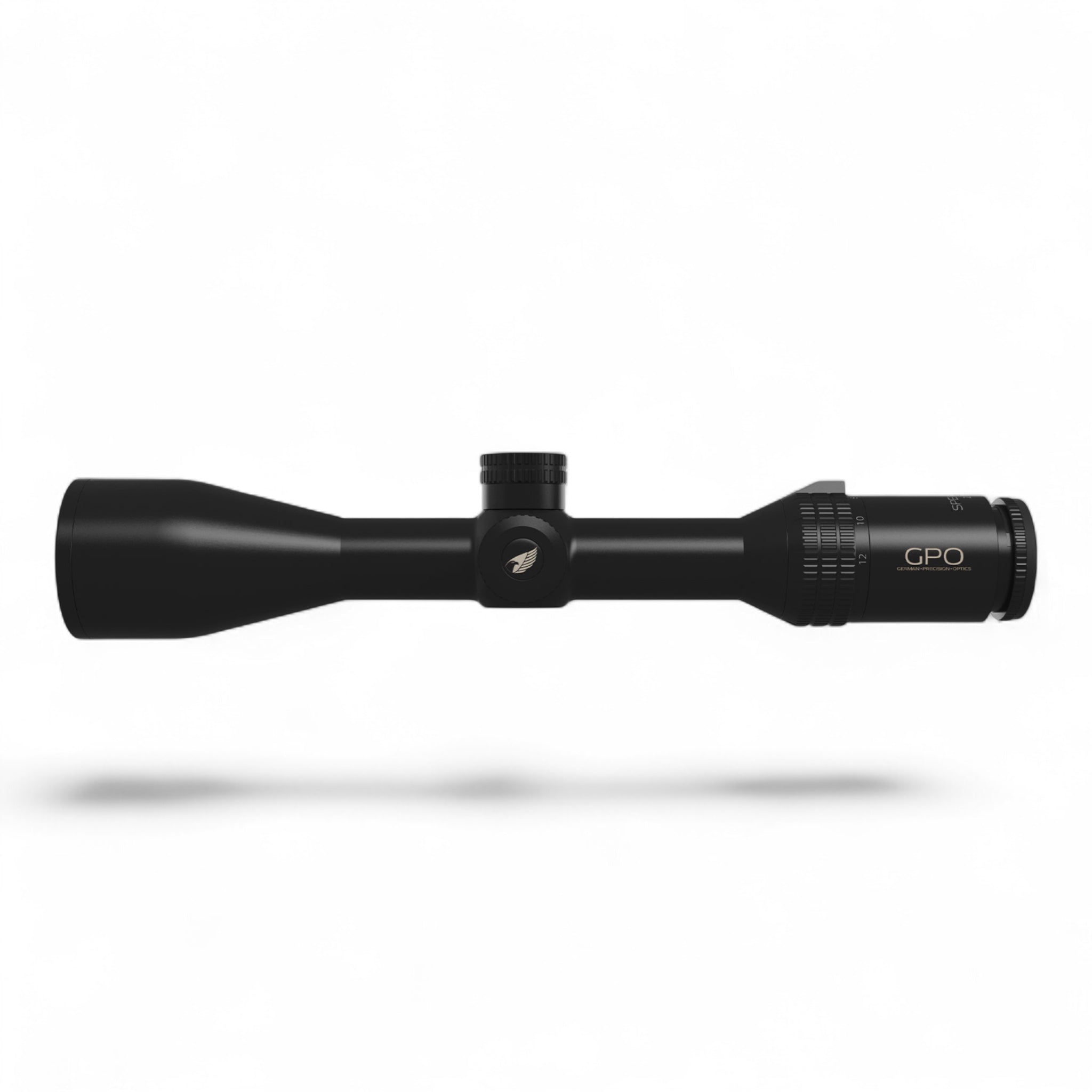 Schwarzes GPO Spectra Zielfernrohr mit 6-fachem Zoom, 2-12x50 Objektiv, beleuchtetem Visier und mattem Finish.