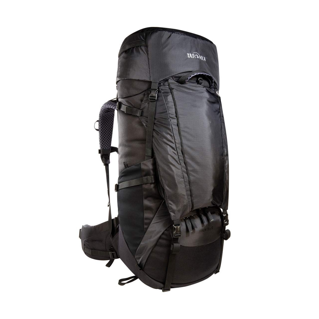 Großer schwarzer Trekkingrucksack mit kompakter, robuster Konstruktion, gepolsterten Schultergurten und Hüftgurt, seitlichen