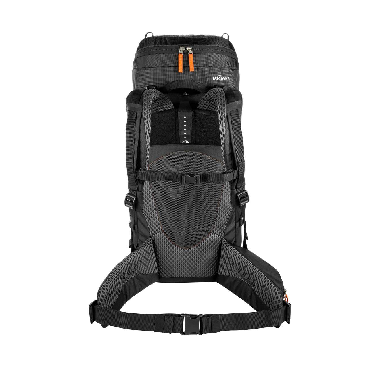 Schwarzer Tatonka Norix 44 Damen-Tourenrucksack mit grauen Mesh-Tragegurten, verstellbarem Hüftgurt und gepolstertem.